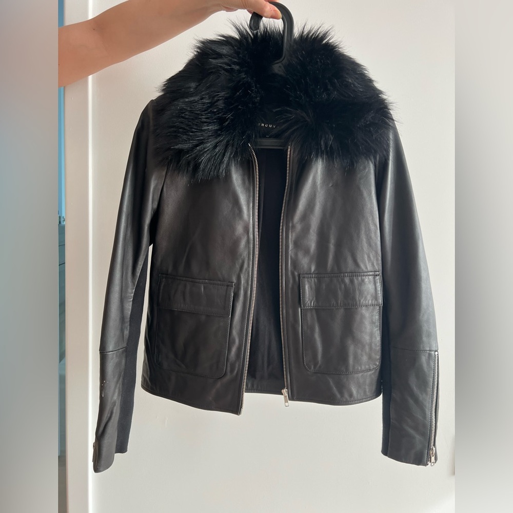 Trouve Black Leather Jacket with Removable Faux Fur Collar